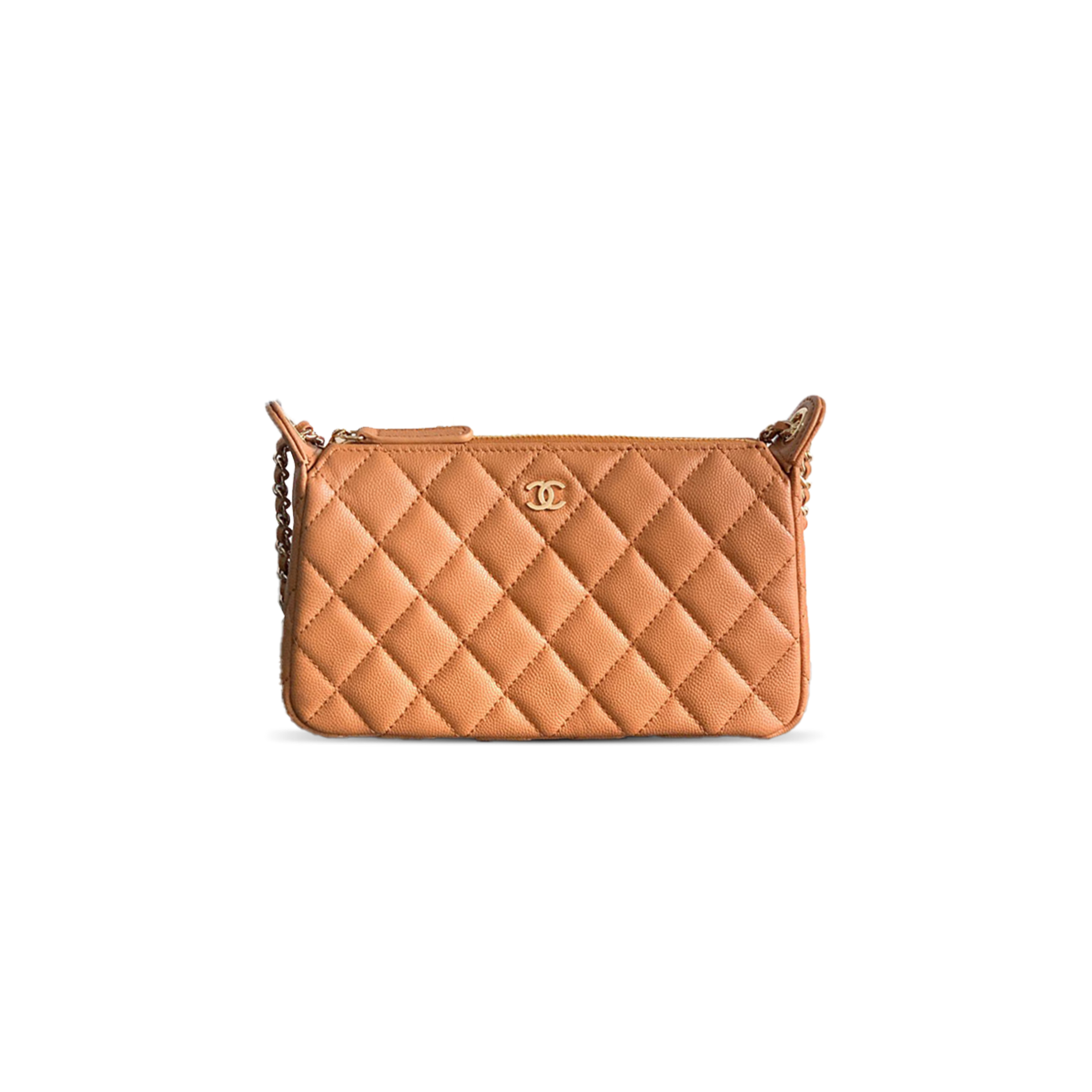 Ch**el grained calfskin 25b clutch with chain bag in caramel color (21*12*5.5.cm)